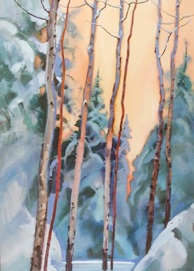 Winter Aspen and Golden Sky - by Stephen Quiller - Watercolor and Casein