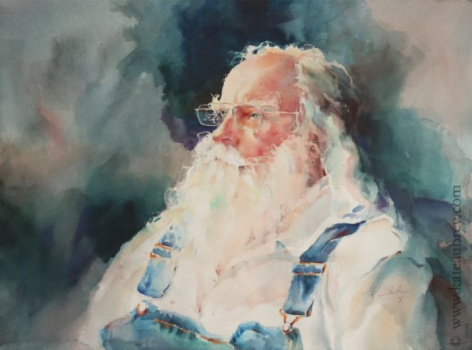 Watercolor Painting - Woodworker - Kate Aubrey - figure - blue purple orange - quiet - bearded man